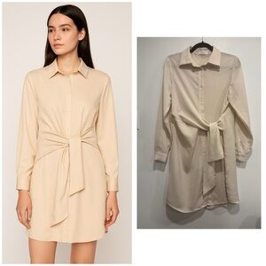 Oak + Fort Neutral Tie-Waist Shirt Dress XS